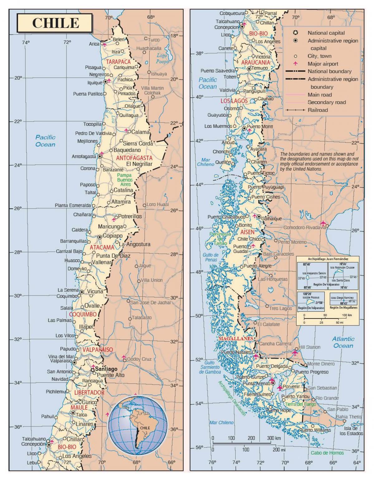 zemljevid Čila z mesta