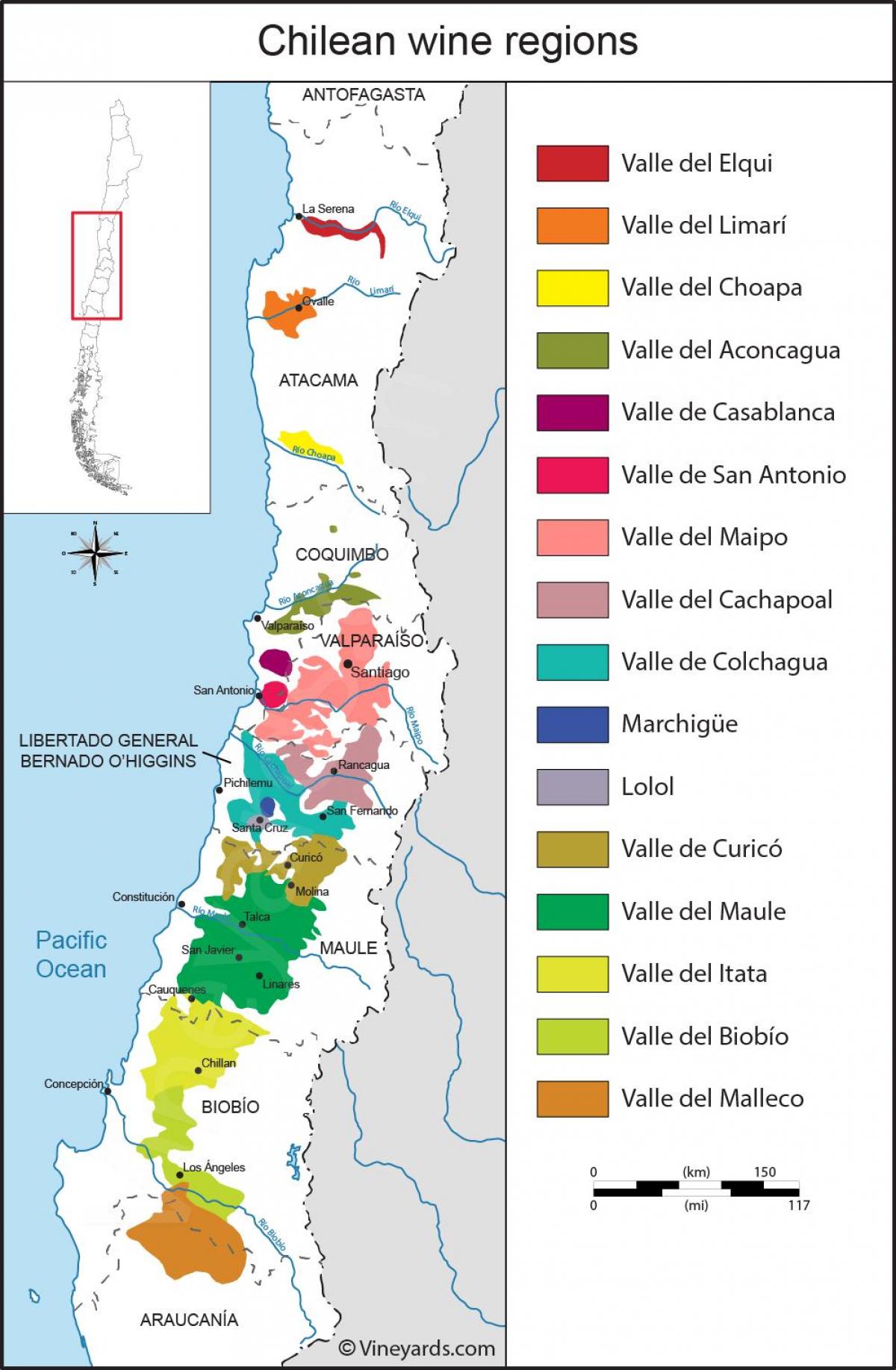 Zemljevid Čile vinskih regij 